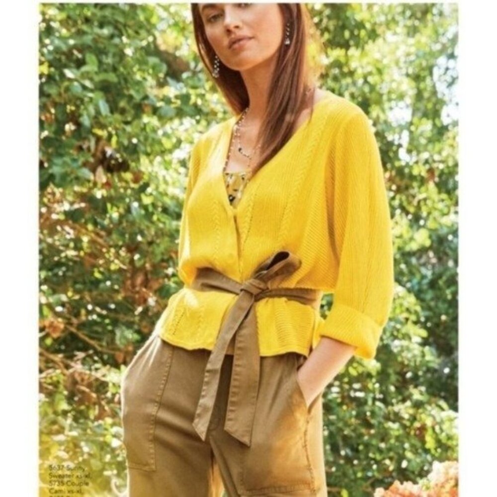 Cabi Yellow Pointelle Lightweight Cardigan V Neck in Sunflower Yellow